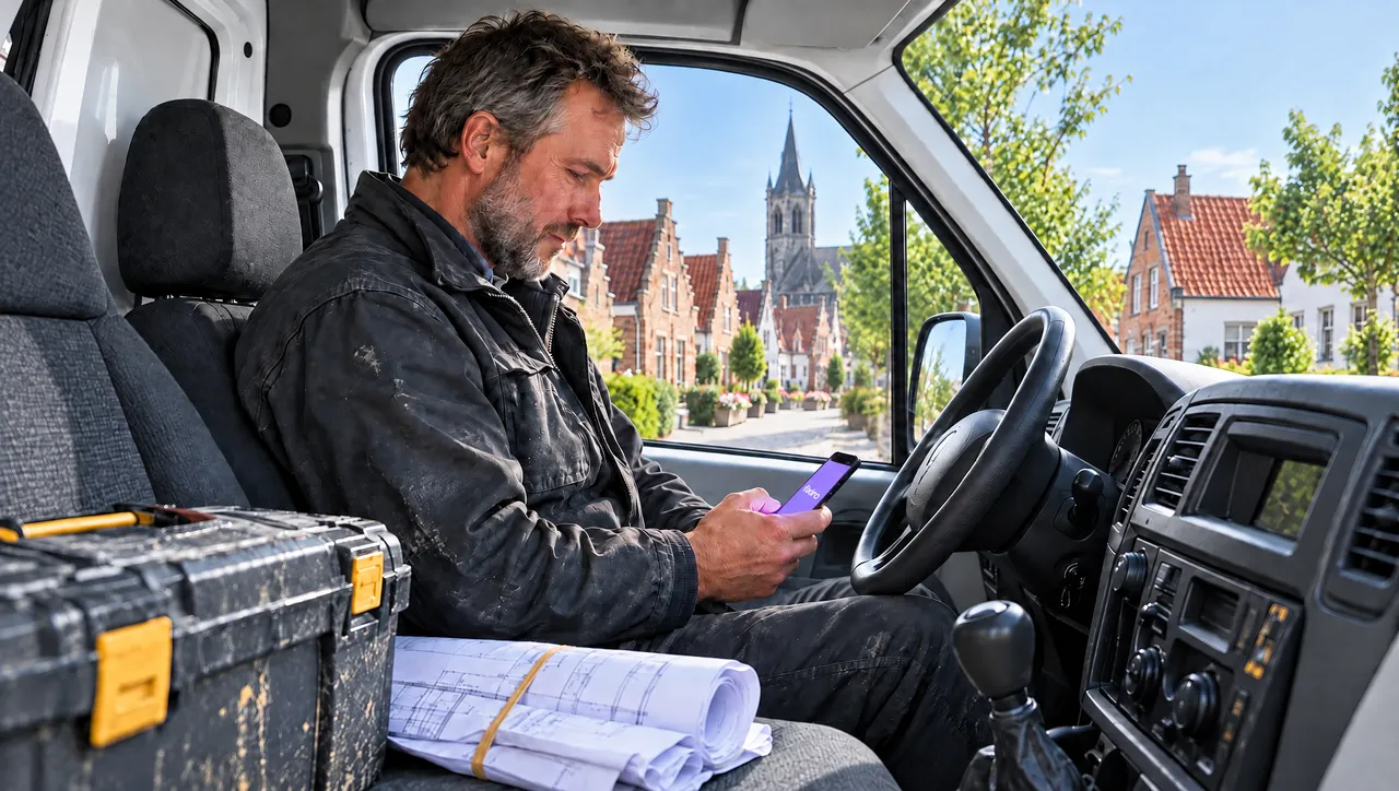 Een vakman leest zijn gsm in de bestelwagen; buiten een Vlaamse straat met een kerktoren.