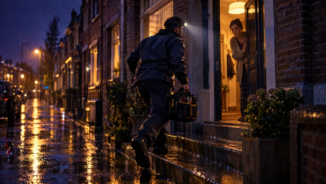 Een loodgieter met hoofdlamp loopt 's nachts in de regen naar een voordeur waar een vrouw wacht.