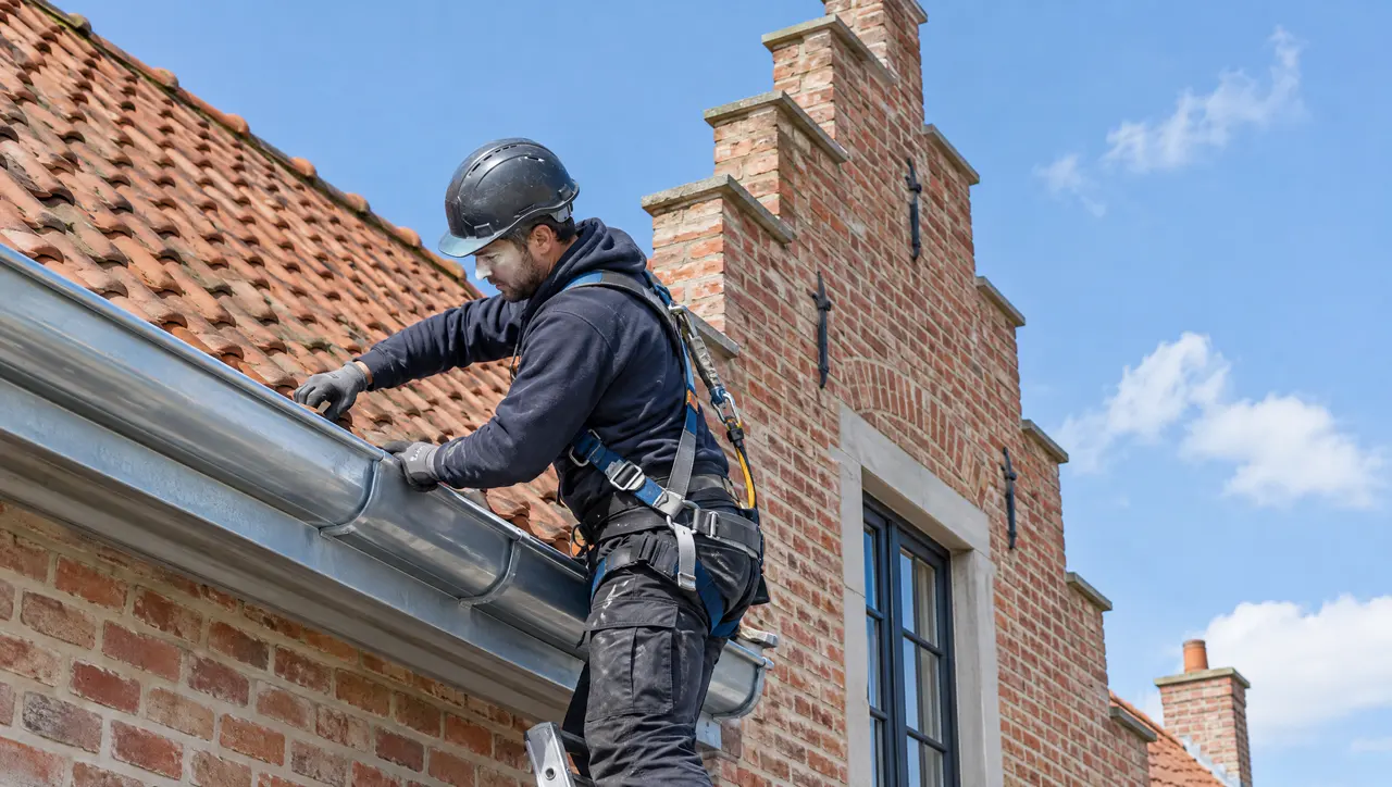 Een dakwerker met helm en harnas werkt aan de dakgoot van een trapgevel.