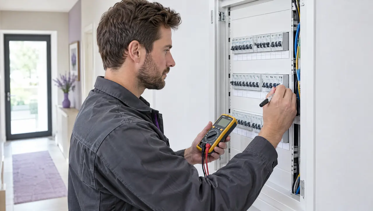 Een elektricien meet met een multimeter in een zekeringkast.