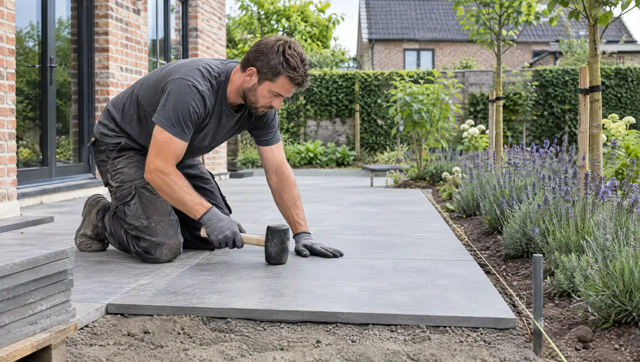 Een vakman legt terrastegels in een tuin.