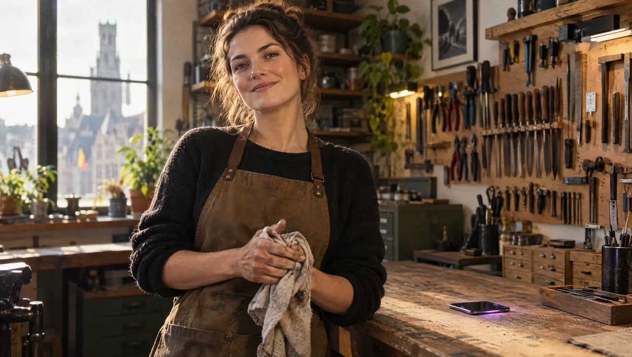 Een vakvrouw staat glimlachend in haar werkplaats, met gereedschap aan de muur en een Vlaamse toren door het raam.