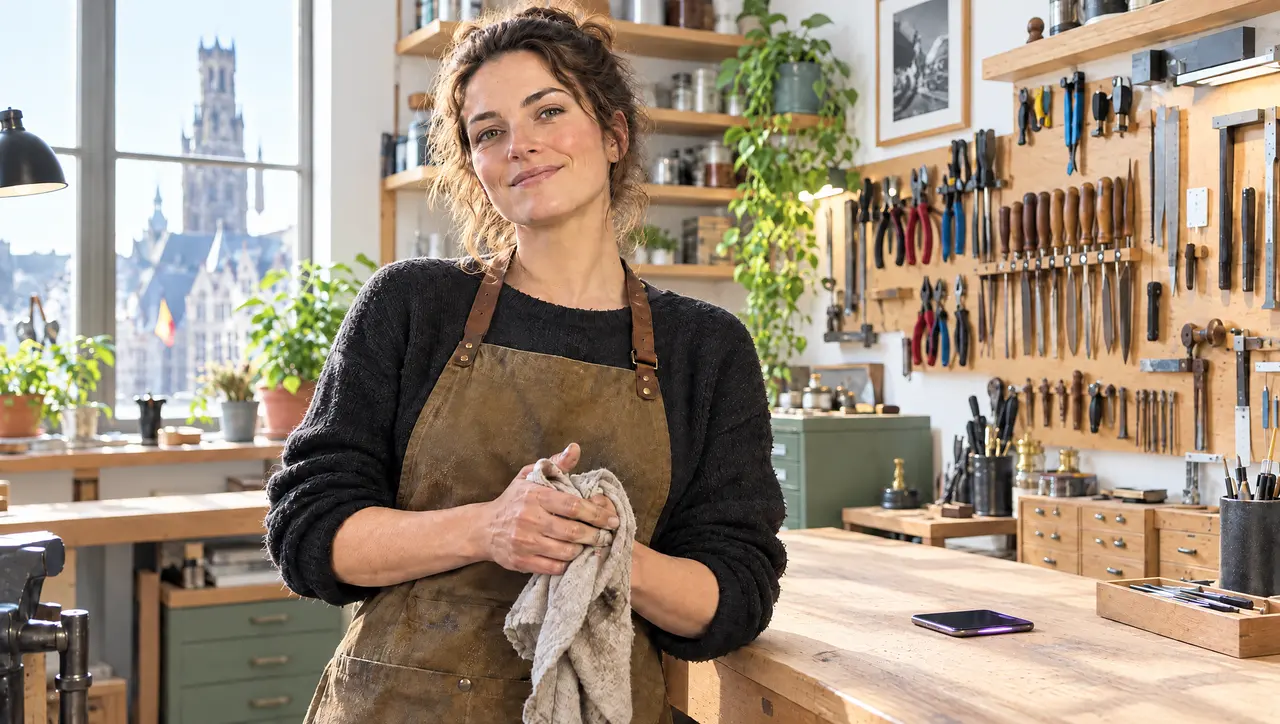 Een vakvrouw staat glimlachend in haar werkplaats, met gereedschap aan de muur.