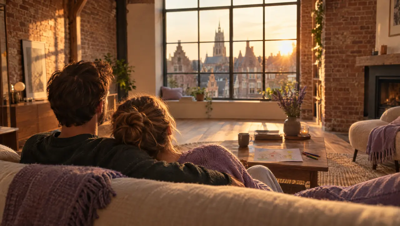 Een koppel zit in de zetel van een gerenoveerde woonkamer bij gouden licht, buiten torens van een Vlaamse stad.