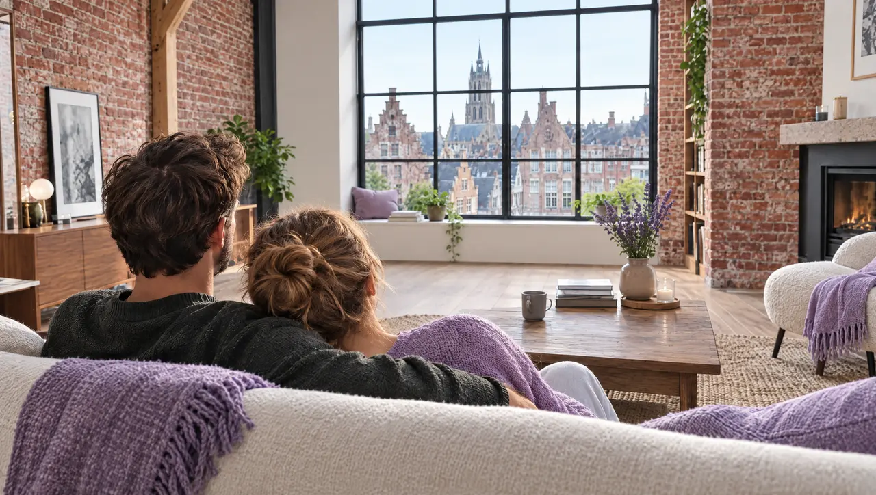 Een koppel zit in de zetel van een gerenoveerde woonkamer; door het raam de torens van een Vlaamse stad.